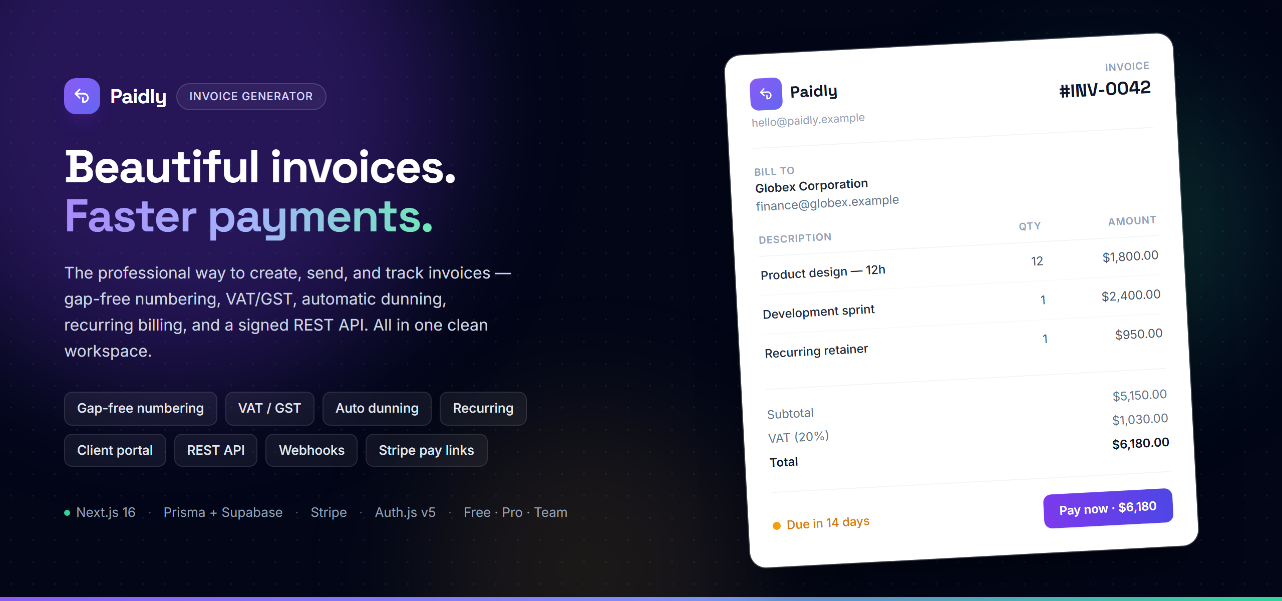 Paidly — Invoice Generator preview