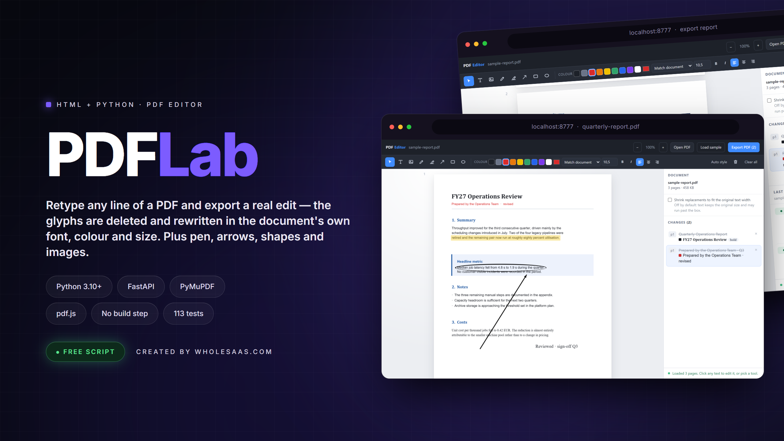 PDFLab — Click-to-Edit PDF Editor (HTML + Python · PyMuPDF) preview