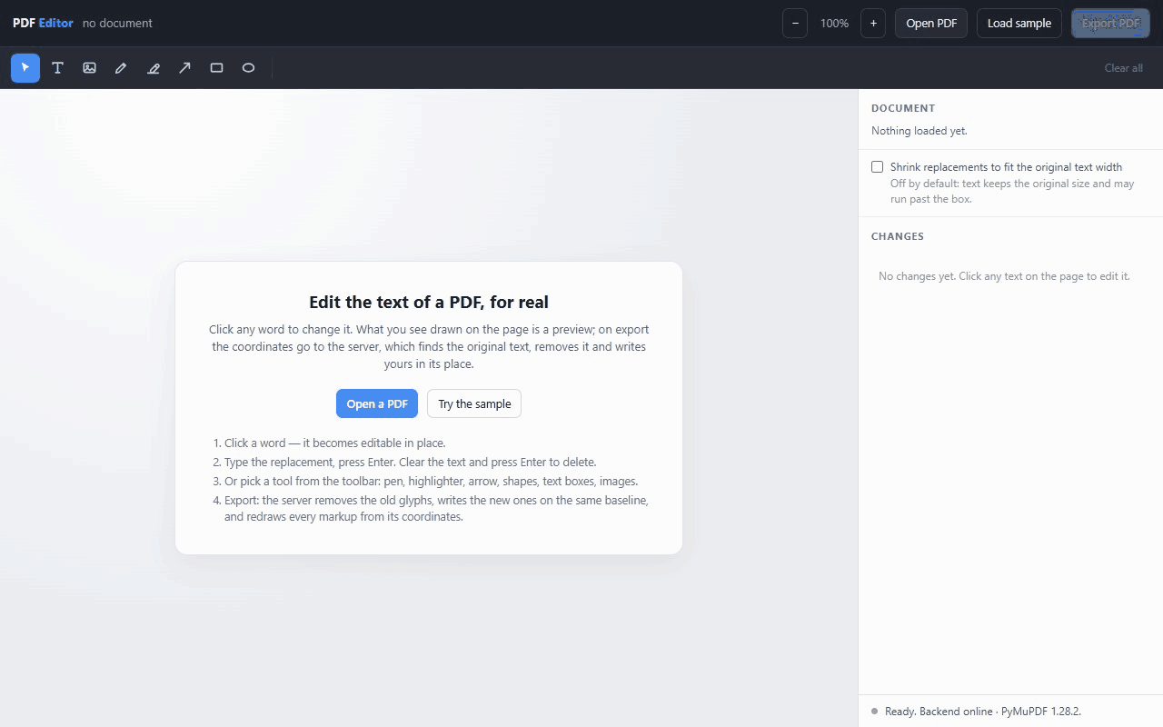 PDFLab — Click-to-Edit PDF Editor (HTML + Python · PyMuPDF) screenshot 1